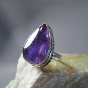 Lavender Amethyst Teardrop Ring, Sterling Silver Pear Cut Cabochon